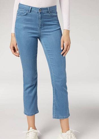 Blugi Calzedonia Eco Light Flared Cropped Denim Dama Albastri | RO2570HK