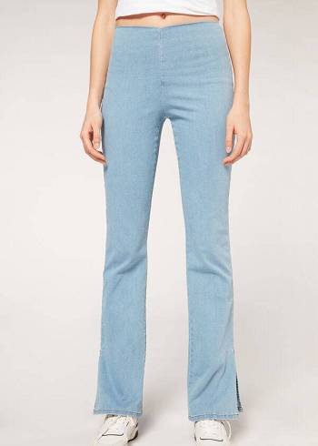 Blugi Calzedonia High-Talie Flared in Denim with Slits Dama Albastri | RO2599DN