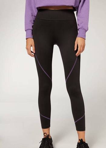 Colanti Calzedonia Contrast Seam Performance Atletism Dama Negrii Violet | RO2635RW