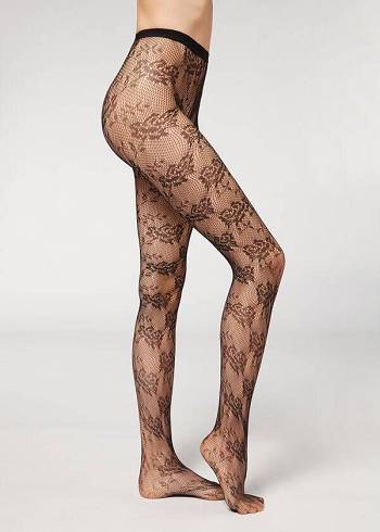 Colanti Calzedonia Floral Dantela-Motif Fishnet Patterned Dama Negrii | RO1099PQ