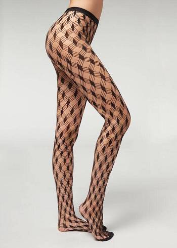 Colanti Calzedonia Maxi Diamonds Mesh Eco Patterned Dama Negrii | RO1117WY