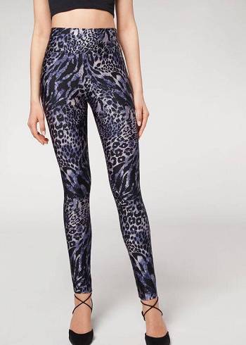 Colanti Calzedonia Shiny Animal-Print Atletism Dama Albastri Gri | RO2680EX