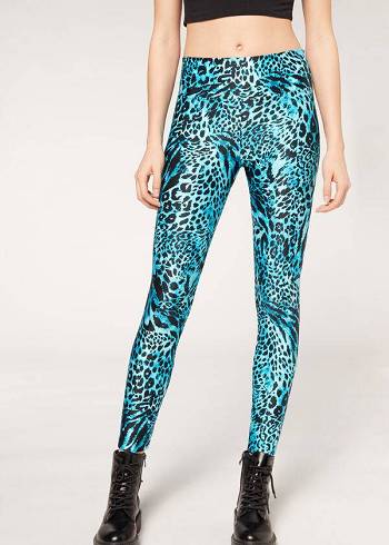 Colanti Calzedonia Shiny Animal-Print Atletism Dama Turcoaz | RO2681WY