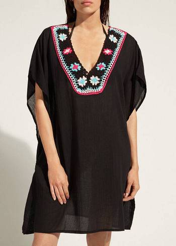 Cover Ups Calzedonia Crochet Neckline Kaftan Dama Negrii | RO2074VD