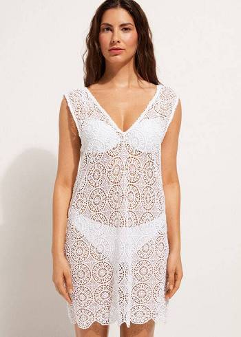 Cover Ups Calzedonia Geometric Crochet Rochie Dama Albi | RO2083YU