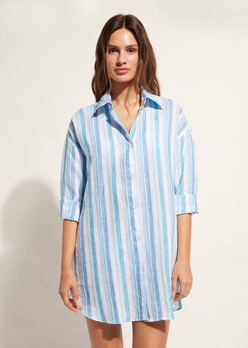 Cover Ups Calzedonia Linen Shirt Dama Albastri Albi | RO2090DN