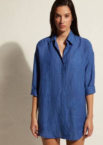 Cover Ups Calzedonia Linen Shirt Dama Albastri | RO2091FM