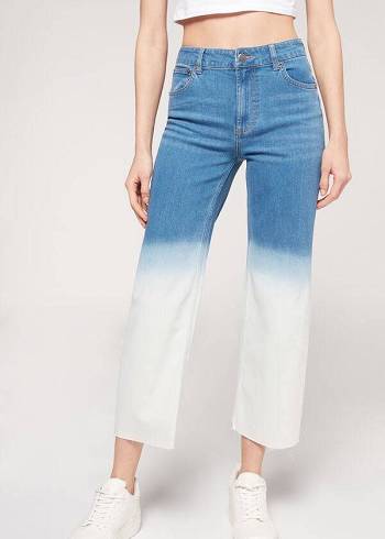 Pantaloni Calzedonia Cropped Drept-Leg Dama Albastri Albi | RO2726WY