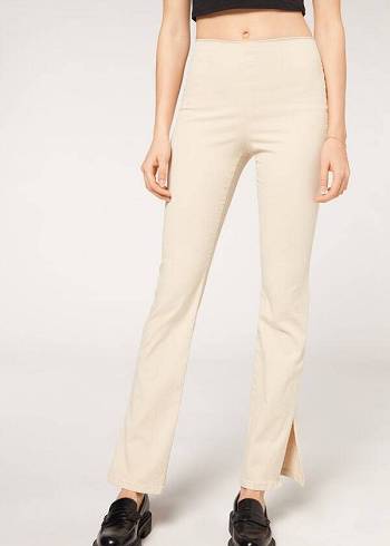 Pantaloni Calzedonia High-Talie Flared in Denim with Slits Dama Maro Bej | RO2732CE