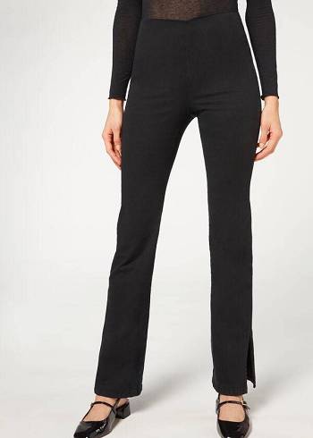 Pantaloni Calzedonia High-Talie Flared in Denim with Slits Dama Negrii | RO2733XF