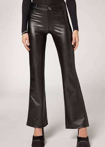 Pantaloni Calzedonia Zip and Button Coated Thermal Flared Dama Negrii | RO2745OR