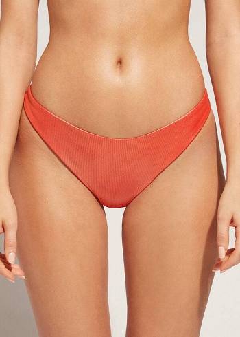 Pantaloni De Bikini Calzedonia Coated-Effect High-Cut Brazilian Antigua Dama Corai Portocalii | RO1364GL