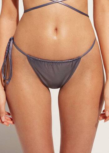 Pantaloni De Bikini Calzedonia Coated-Effect String Tanga Daytona Dama Albastri | RO1368LH