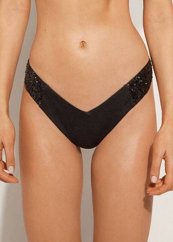 Pantaloni De Bikini Calzedonia Sequined High-Cut Brazilian Cannes Cheeky Dama Negrii | RO1545FM