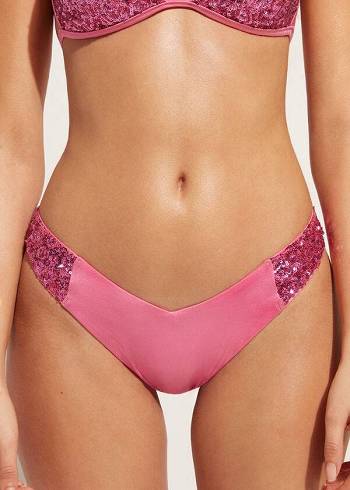 Pantaloni De Bikini Calzedonia Sequined High-Cut Brazilian Cannes Cheeky Dama Roz | RO1546GL