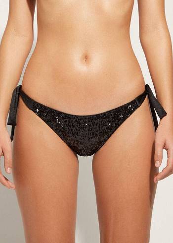 Pantaloni De Bikini Calzedonia Sequined Side-Tie Cannes Dama Negrii | RO1549KI