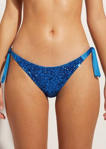 Pantaloni De Bikini Calzedonia Sequined Side-Tie Cannes Dama Albastri | RO1551ZG