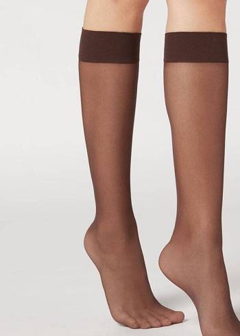 Sosete Calzedonia 20 Denier Confort Cuff Knee-Highs Long rosa Dama Cafe | RO2230VD