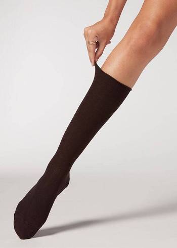 Sosete Calzedonia Smooth Bumbac Mid-High-Calf Long Dama Cafe | RO2260QZ