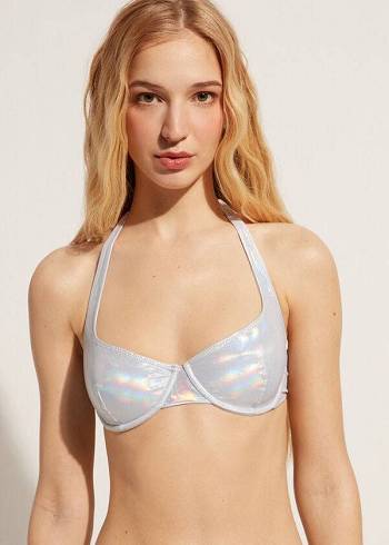 Topuri De Bikini Calzedonia Coated-Effect Balconette Daytona Dama Argintii | RO1699SO