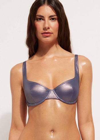 Topuri De Bikini Calzedonia Coated-Effect Balconette Daytona Dama Albastri | RO1700DN