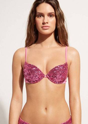 Topuri De Bikini Calzedonia Căptușită Push-Up Cannes rosa Dama Roz | RO1844QZ