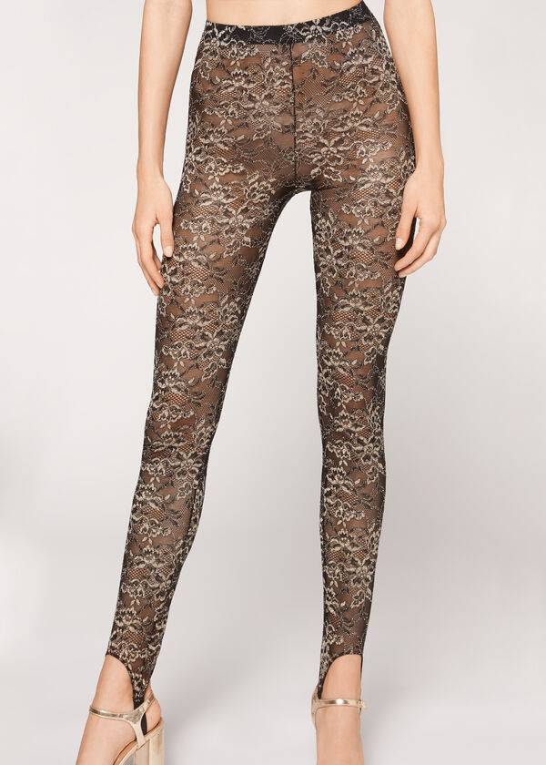 Colanti Calzedonia Glitter Dantela Stirrup Dama Maro Negrii | RO2655WY