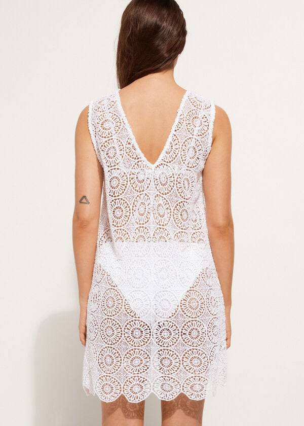 Cover Ups Calzedonia Geometric Crochet Rochie Dama Albi | RO2083YU