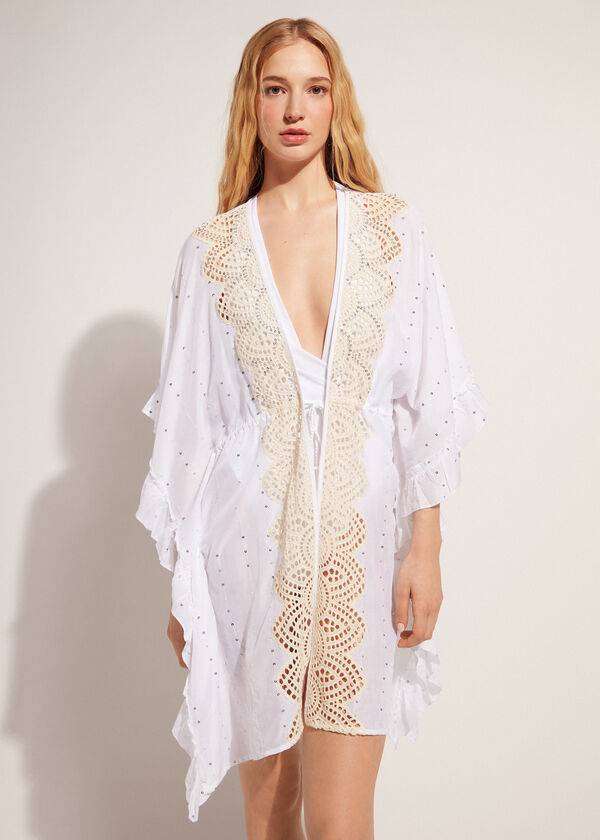 Cover Ups Calzedonia Kimono Caftan with Sangallo Dantela and Sequins Dama Albi | RO2085IS