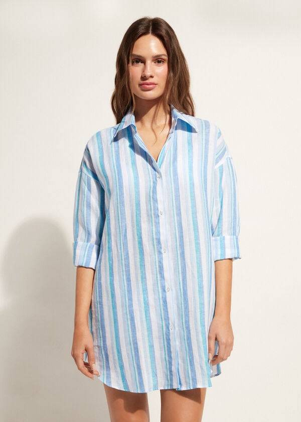 Cover Ups Calzedonia Linen Shirt Dama Albastri Albi | RO2090DN