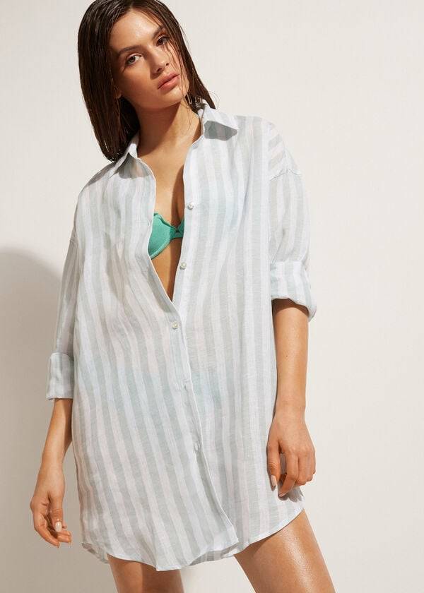 Cover Ups Calzedonia Linen Shirt Dama Turcoaz Albi | RO2087PQ