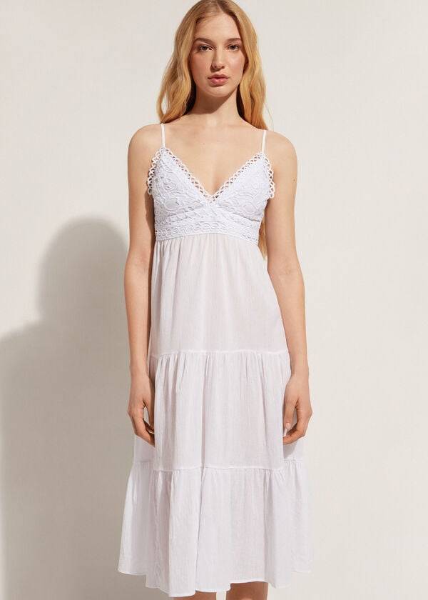 Cover Ups Calzedonia Midi Rochie in Macramé Dantela and Ruffled Skirt Dama Albi | RO2104QZ