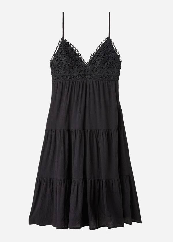 Cover Ups Calzedonia Midi Rochie in Macramé Dantela and Ruffled Skirt Dama Negrii | RO2105WY