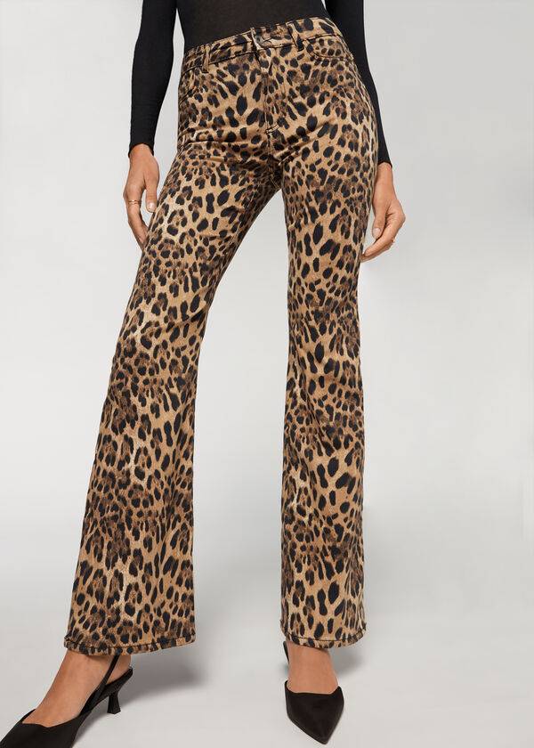 Pantaloni Calzedonia Animal Print Flared Dama Maro | RO2713GL