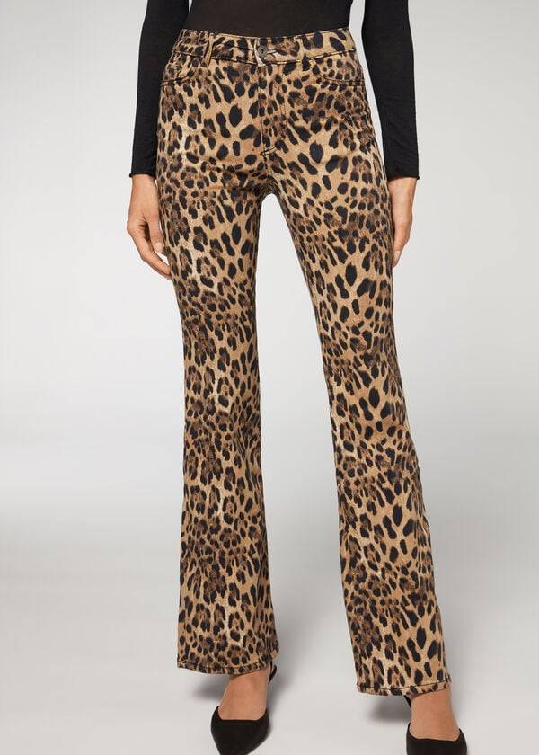 Pantaloni Calzedonia Animal Print Flared Dama Maro | RO2713GL