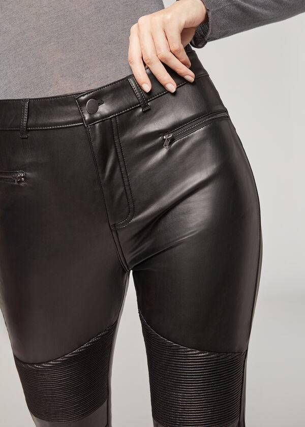 Pantaloni Calzedonia Coated Thermal Slab Biciclist Dama Negrii | RO2722YU