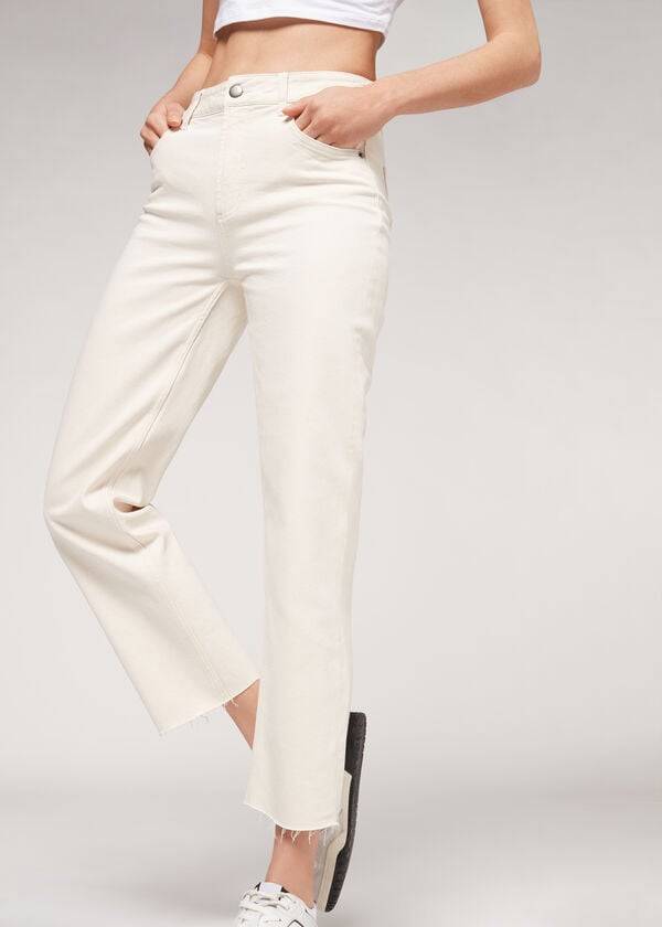 Pantaloni Calzedonia Cropped Drept-Leg Dama Albi | RO2724RW