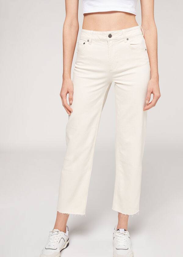 Pantaloni Calzedonia Cropped Drept-Leg Dama Albi | RO2724RW