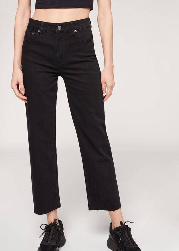 Pantaloni Calzedonia Cropped Drept-Leg Dama Negrii | RO2725EX