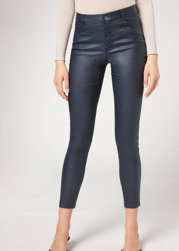 Pantaloni Calzedonia Faux Piele Slab Dama Bleumarin | RO2728MA