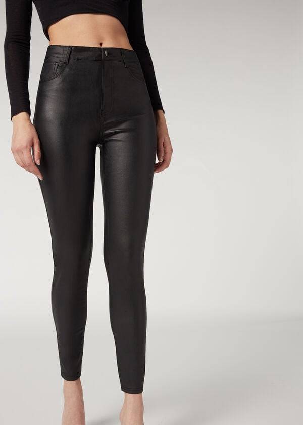 Pantaloni Calzedonia Faux Piele Slab Dama Negrii | RO2729NB