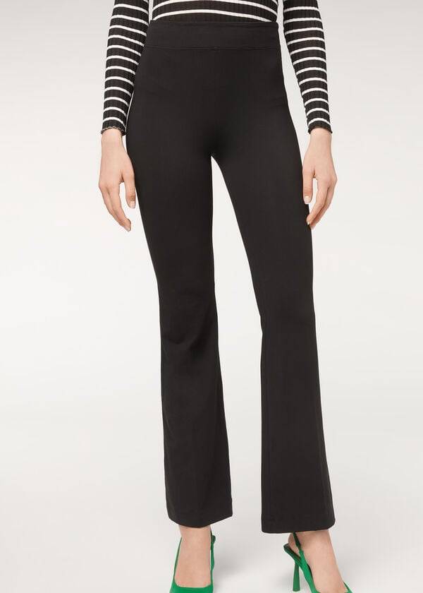 Pantaloni Calzedonia Flared in Supima Ultra Light Bumbac Dama Negrii | RO2731VD