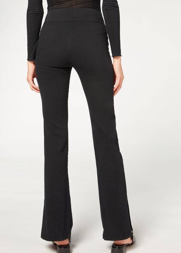 Pantaloni Calzedonia High-Talie Flared in Denim with Slits Dama Negrii | RO2733XF