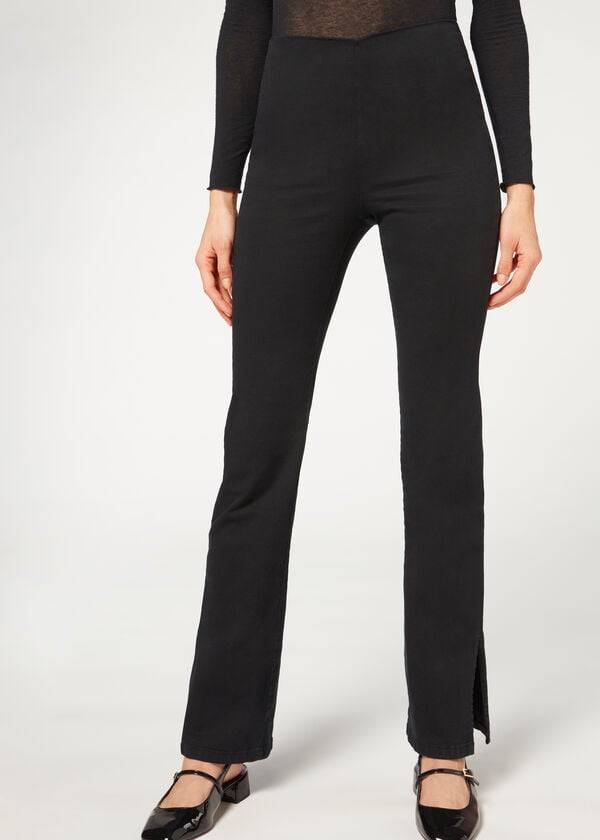 Pantaloni Calzedonia High-Talie Flared in Denim with Slits Dama Negrii | RO2733XF