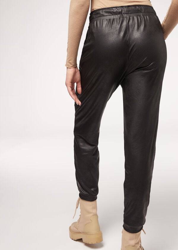 Pantaloni Calzedonia Piele Effect Thermal Dama Negrii | RO2735LH