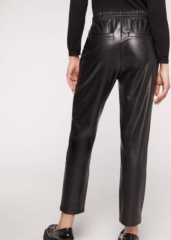 Pantaloni Calzedonia Thermal Coated Effect with Chain Trim Dama Negrii | RO2742SO