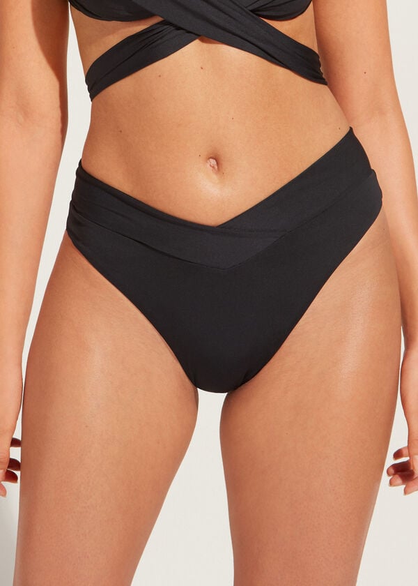 Pantaloni De Bikini Calzedonia High-Talie V-Cut Brazilian Indonesia Eco Dama Negrii | RO1466DN