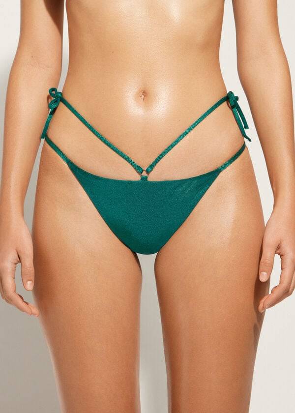 Pantaloni De Bikini Calzedonia Lamé Brazilian Side String Hollywood Dama Verzi | RO1486UT