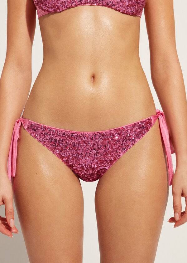 Pantaloni De Bikini Calzedonia Sequined Side-Tie Cannes Dama Roz | RO1550LH