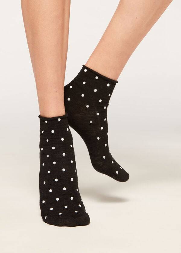 Sosete Calzedonia Polka Dot Motif Scurte with Linen Dama Negrii | RO2467GL